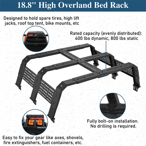18.8" High Overland Bed Rack For 2007-2023 Toyota Tundra / 2005-2023 Tacoma(6' Bed) / 2009-2023 Ford F-150 & Raptor / 2009-2023 Ram 1500 - Ultralisk4x4