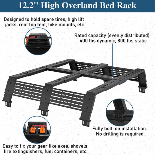 12.2" High Overland Bed Rack For 2007-2023 Toyota Tundra / 2005-2023 Tacoma(6' Bed) / 2009-2023 Ford F-150 & Raptor / 2009-2003 Ram 1500 - Ultralisk4x4