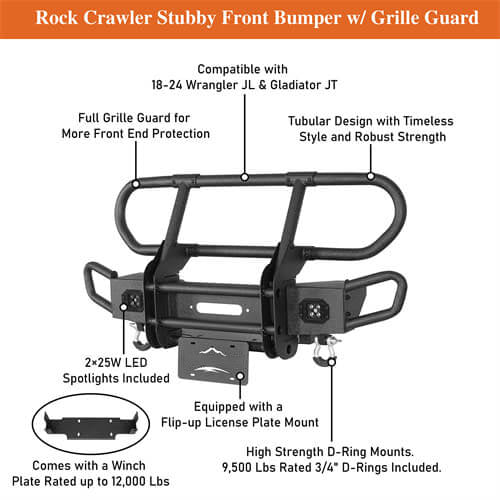 Rock Crawler Front Bumper w/ Grille Guard & Winch Plate For 2018-2026 Jeep Wrangler JL & 2020-2025 Gladiator JT - Ultralisk4x4