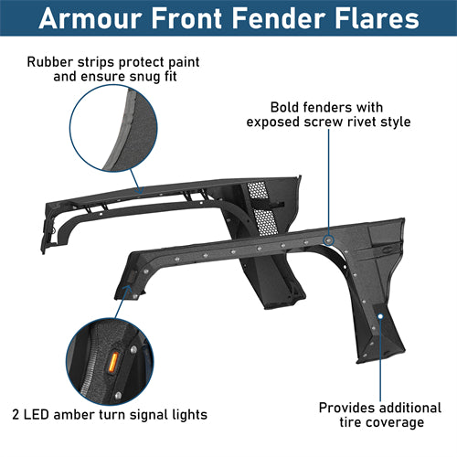 Armour Front Fender Flares w/ LED Turn Signal Lights For 2018-2025 Jeep Wrangler JL / Gladiator JT - Ultralisk4x4