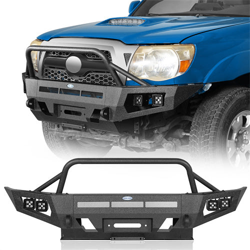 Earthshaker Front Bumper w/ Winch Plate & 4 LED Spot Lights For 2005-2011 Toyota Tacoma - Ultralisk4x4