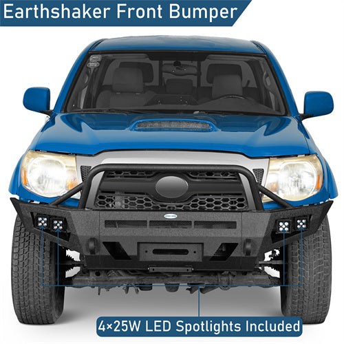 Earthshaker Front Bumper w/ Winch Plate & 4 LED Spot Lights For 2005-2011 Toyota Tacoma - Ultralisk4x4