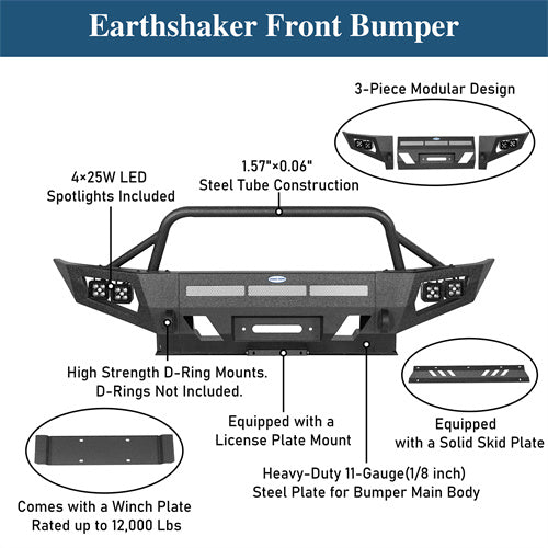 Earthshaker Front Bumper w/ Winch Plate & 4 LED Spot Lights For 2005-2011 Toyota Tacoma - Ultralisk4x4