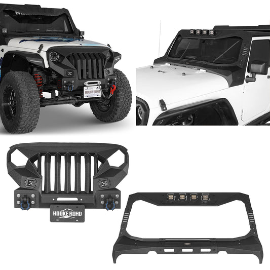 Mad Max Front Bumper w/Steel Grille Guard & Windshield Frame Cover(07-18 Jeep Wrangler JK) - ultralisk4x4