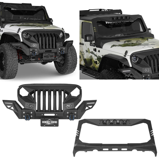 Mad Max Front Bumper w/Steel Grille Guard & Windshield Frame Cover(07-18 Jeep Wrangler JK) - ultralisk4x4