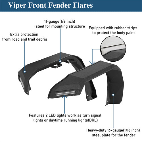 Front Fender Flares w/ LED Turn Signal Lights For 2018-2025 Jeep Wrangler JL & Gladiator JT - ultralisk4x4