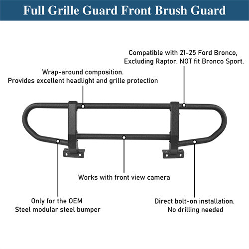 Full Grille Guard Front Brush Guard w/ Steel Modular Bumper For 2021-2025 Ford Bronco - Ultralisk4x4-u8932-10