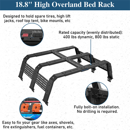 18.8" High Overland Bed Rack For 2020-2025 Jeep Gladiator JT / 2005-2023 Toyota Tacoma(5' Bed) / 2019-2025 Ford Ranger - Ultralisk4x4