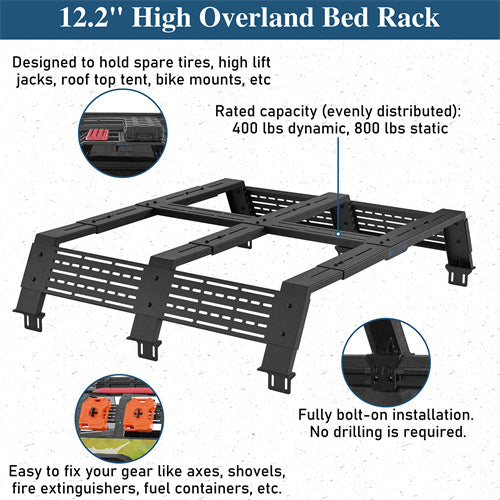 12.2" High Overland Bed Rack For 2020-2025 Jeep Gladiator JT / 2005-2023 Toyota Tacoma(5' Bed) / 2019-2025 Ford Ranger - Ultralisk4x4