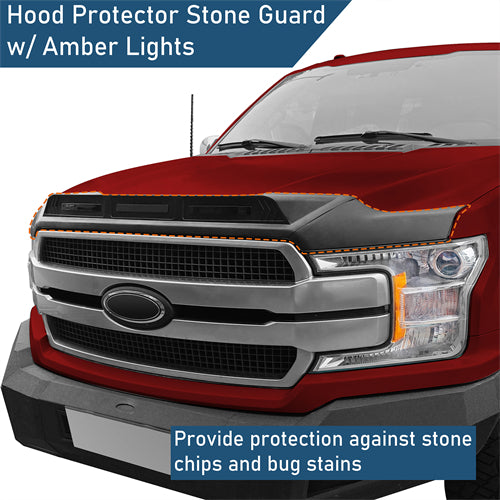 Hood Protector Stone Guard w/ Amber Lights For 2015-2020 Ford F-150(Excluding Raptor) - Ultralisk4x4