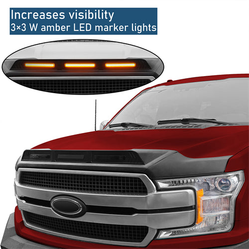 Hood Protector Stone Guard w/ Amber Lights For 2015-2020 Ford F-150(Excluding Raptor) - Ultralisk4x4