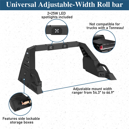 Adjustable Roll Bar w/ LED Spotlights For Ford F-150 | Chevy Silverado 1500 | GMC Sierra 1500 | Ram 1500 | Toyota Tundra - Ultralisk4x4