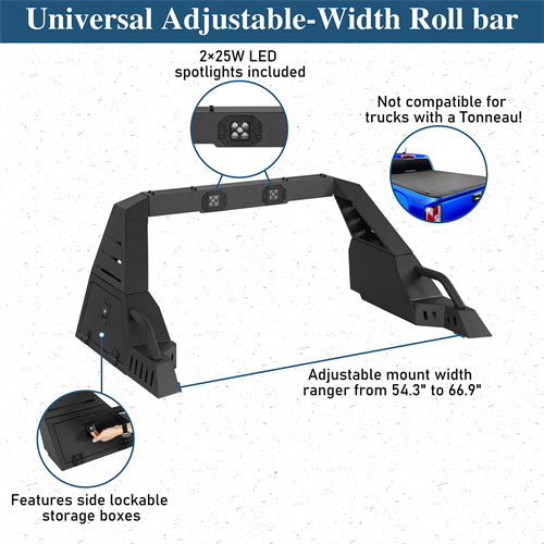 20.7" High Adjustable Roll Bar For 05-25 Toyota Tacoma | 19-25 Ford Ranger | 15-25 GMC Canyon | 15-25 Chevrolet Colorado - Ultralisk4x4