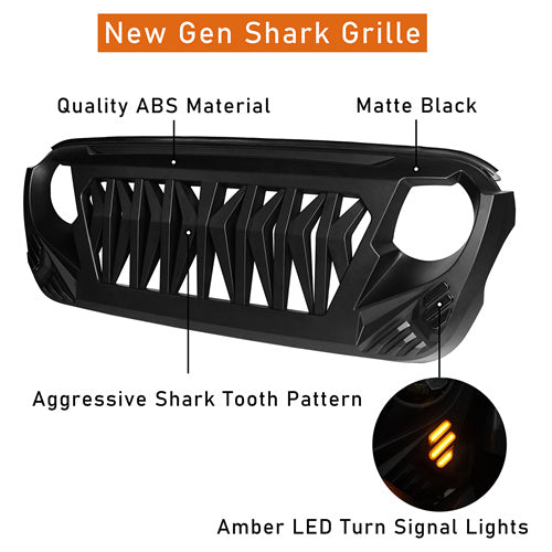 Shark Grille Matte Black Replacement Grille For 2018-2025 Jeep Wrangler JL & Gladiator JT - Ultralisk4x4