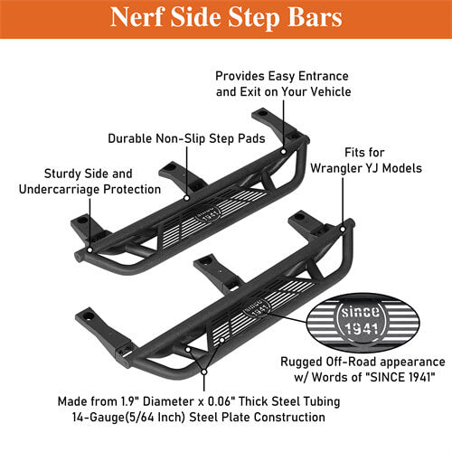 Tubular Side Step Bars For 1987-1995 Jeep Wrangler YJ - Ultralisk4x4 -u1064s-8