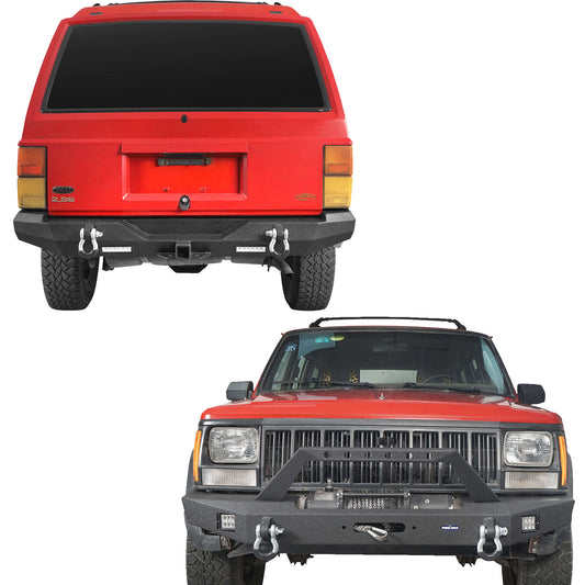 Full Width front Bumper Destroyer Rear Bumper w/2 ×18W LED Floodlights for Jeep Cherokee XJ 1984-2001 BXG321323 1