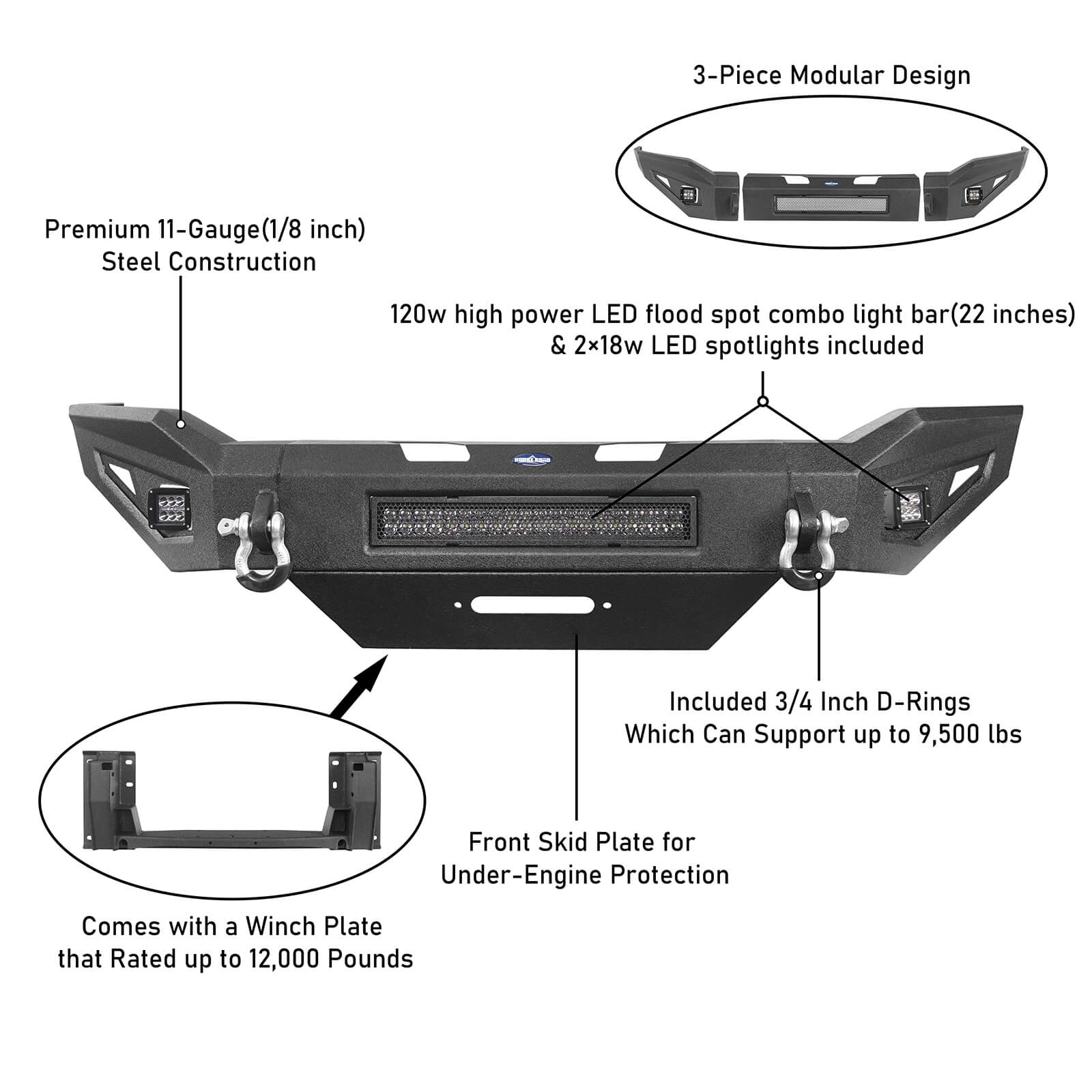Full Width Front Bumper w/ Light Bar & Winch Plate for 2019-2021 Dodge Ram 2500 - Ultralisk 4x4 u6302 4