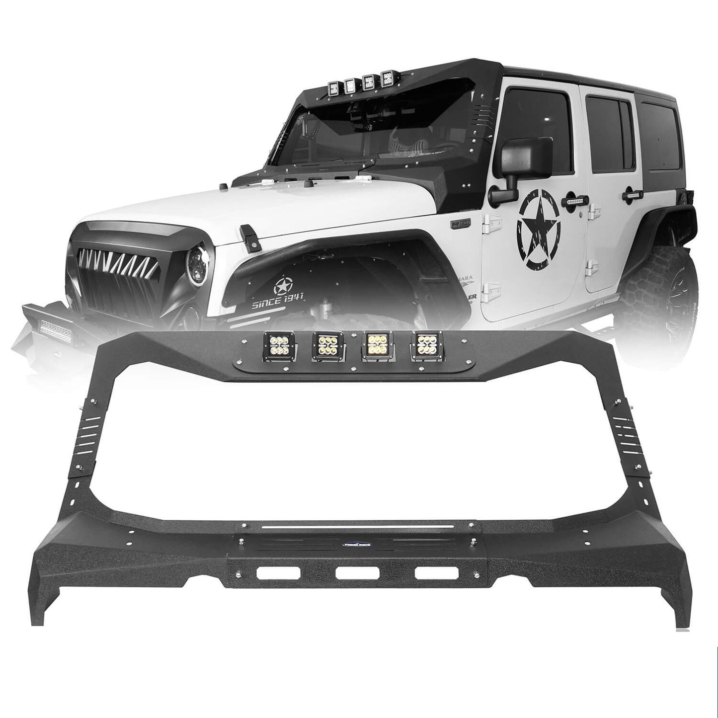 Mad Max Front Bumper w/Steel Grille Guard & Windshield Frame Cover(07-18 Jeep Wrangler JK) - ultralisk4x4