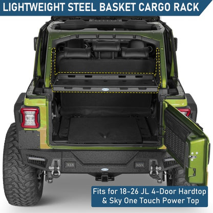 Lightweight Steel Basket Cargo Rack (18-26 Jeep Wrangler JL 4-Door Hardtop & Sky One Touch Power Top) - Ultralisk4x4