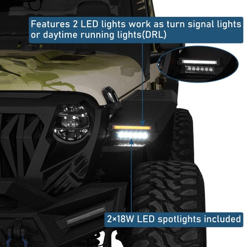 Phantom Front Fender Flares w/ LED Lights & Turn Signal Lights For 2018-2026 Jeep Wrangler JL & Gladiator JT - Ultralisk4x4