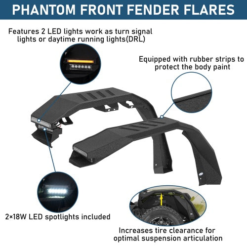 Road Trip Front & Rear Fender Flares w/ LED Lights For 2018-2026 Jeep Wrangler JL - Ultralisk4x4