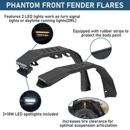 Road Trip Front & Rear Fender Flares w/ LED Lights For 2018-2026 Jeep Wrangler JL - Ultralisk4x4