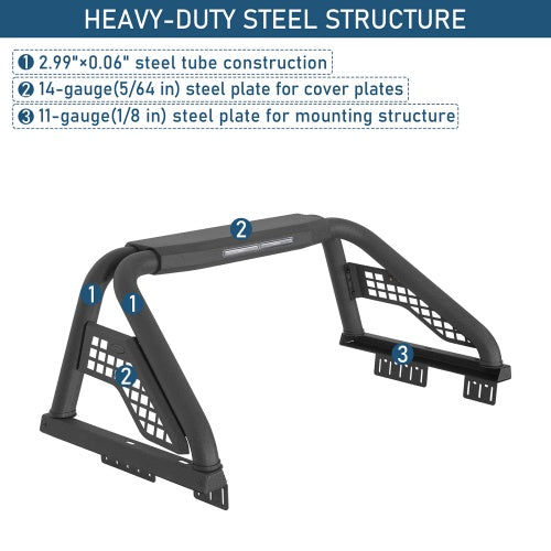 22.1" High Classic Roll Bar w/ LED Brake Lights For Ford F-150 & Chevy Silverado 1500 & GMC Sierra 1500 & Ram 1500 & Toyota Tundra & Jeep Gladiator JT - Ultralisk4x4