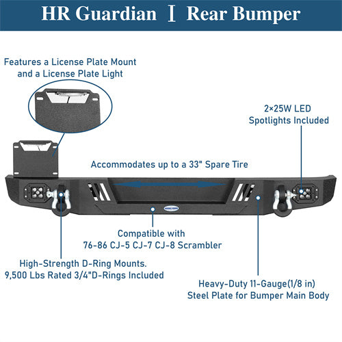 Aftermarket Rear Bumper w/ LED Lights For 1976-1986 Jeep CJ-5 CJ-7 CJ-8 Scrambler - Ultralisk4x4