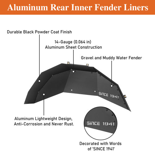 Aluminum Front & Rear Inner Fender Liners For 2018-2025 Jeep Wrangler JL - Ultralisk4x4