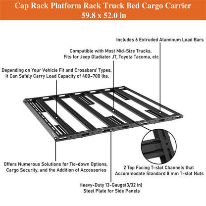 Cap Rack Platform Rack Truck Bed Cargo Carrier For Most Mid-Size Trucks Jeep Gladiator JT & Toyota Tacoma & Chevy Colorado & Ford Ranger - Ultralisk4x4