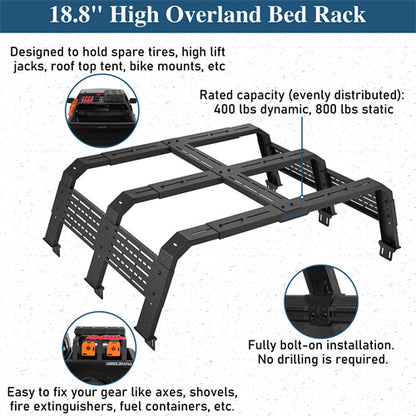18.8" High Overland Bed Rack For 2007-2023 Toyota Tundra / 2005-2023 Tacoma(6' Bed) / 2009-2023 Ford F-150 & Raptor / 2009-2023 Ram 1500 - Ultralisk4x4