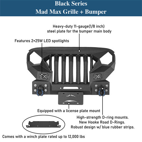 Mad Max Grill+Bumper w/ Winch Plate & LED Spotlights For 2007-2018 Jeep Wrangler JK - Ultralisk 4x4