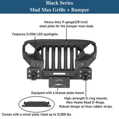 Mad Max Grill+Bumper w/ Winch Plate & LED Spotlights For 2007-2018 Jeep Wrangler JK - Ultralisk 4x4