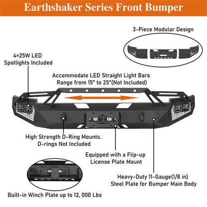 Earthshaker Series Front Bumper w/ Winch Plate & LED Spotlights For 2007-2013 Chevy Silverado 1500 2nd Generation - Ultralisk4x4