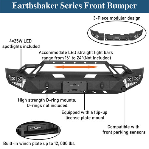 Earthshaker Series Front Bumper w/ Winch Plate & 4 × LED Lights For 2020-2023 GMC Sierra 2500HD/3500HD - Ultralisk4x4