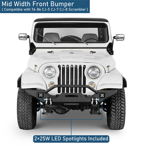 Mid Width Front Bumper w/ LED Spotlights For 1976-1986 Jeep CJ-5 CJ-7 CJ-8 Scrambler - Ultralisk4x4