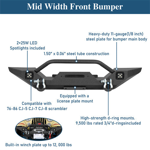 Mid Width Front Bumper w/ LED Spotlights For 1976-1986 Jeep CJ-5 CJ-7 CJ-8 Scrambler - Ultralisk4x4