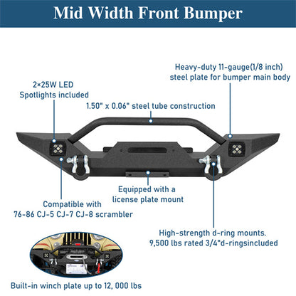 Mid Width Front Bumper w/ LED Spotlights For 1976-1986 Jeep CJ-5 CJ-7 CJ-8 Scrambler - Ultralisk4x4