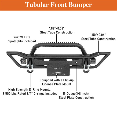 Road Trip Tubular Front Bumper w/ LED Spotlights For 1997-2006 Jeep Wrangler TJ - Ultralisk4x4