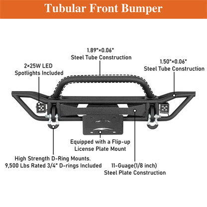 Road Trip Tubular Front Bumper w/ LED Spotlights For 1997-2006 Jeep Wrangler TJ - Ultralisk4x4