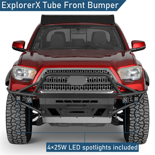 Aftermarket Tube Front Bumper w/ 4 LED Spot Lights For 2016-2023 Toyota Tacoma 3rd Gen - Ultralisk4x4