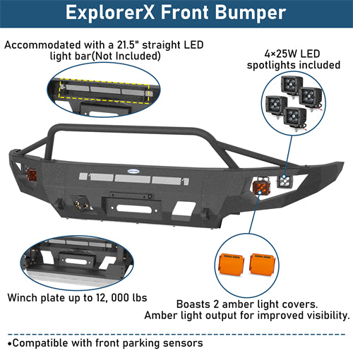 ExplorerX Front Bumper w/ LED Spot Lights For 2014-2021 Toyota Tundra - Ultralisk4x4
