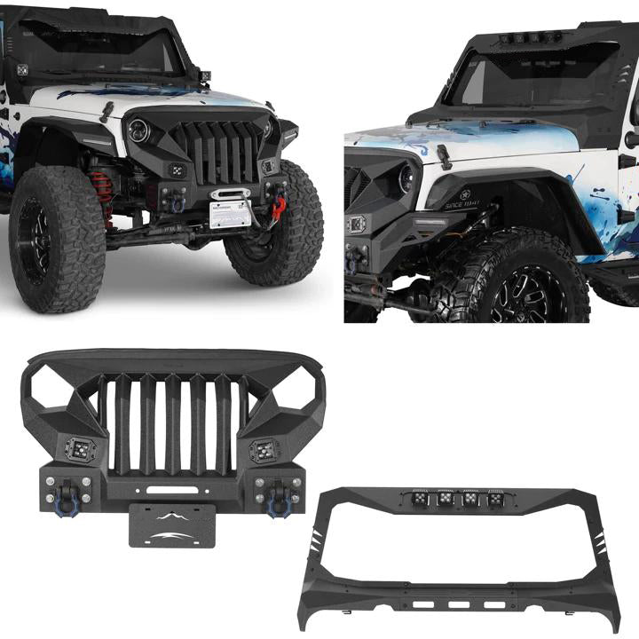 Mad Max Front Bumper w/Steel Grille Guard & Windshield Frame Cover(07-18 Jeep Wrangler JK) - ultralisk4x4