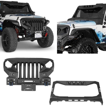 Mad Max Front Bumper w/Steel Grille Guard & Windshield Frame Cover(07-18 Jeep Wrangler JK) - ultralisk4x4