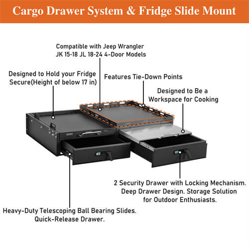Cargo Drawer System & Fridge Slide Mount For 2015-2024 Jeep Wrangler JK/JL 4-Door-Ultralisk4x4-u2089s-14
