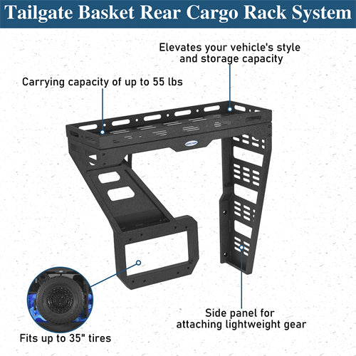 Tailgate Basket Rear Cargo Rack System For 2018-2025 Jeep Wrangler JL - Ultralisk4x4