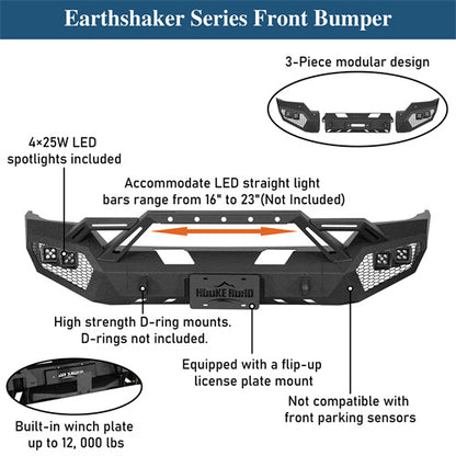 Earthshaker Series Front Bumper w/ Winch Plate & 4 × LED Lights For 2016-2018 Chevy Silverado 1500 - Ultralisk4x4