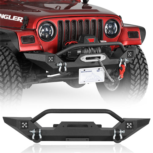 Aftermarket Front Bumper w/ Winch Plate & LED Spotlights For 1997-2006 Jeep Wrangler TJ - Ultralisk4x4