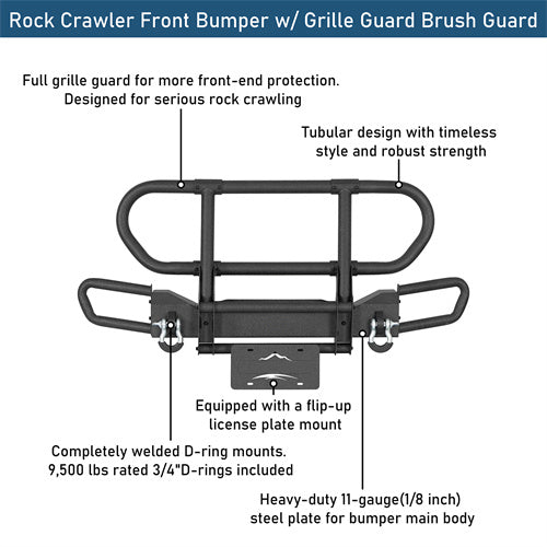 Rock Crawler Front Bumper w/ Grille Guard Brush Guard For 1987-2006 Jeep Wrangler YJ TJ - Ultralisk4x4