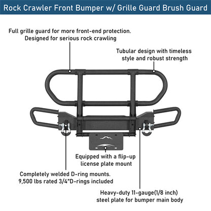 Rock Crawler Front Bumper w/ Grille Guard Brush Guard For 1987-2006 Jeep Wrangler YJ TJ - Ultralisk4x4